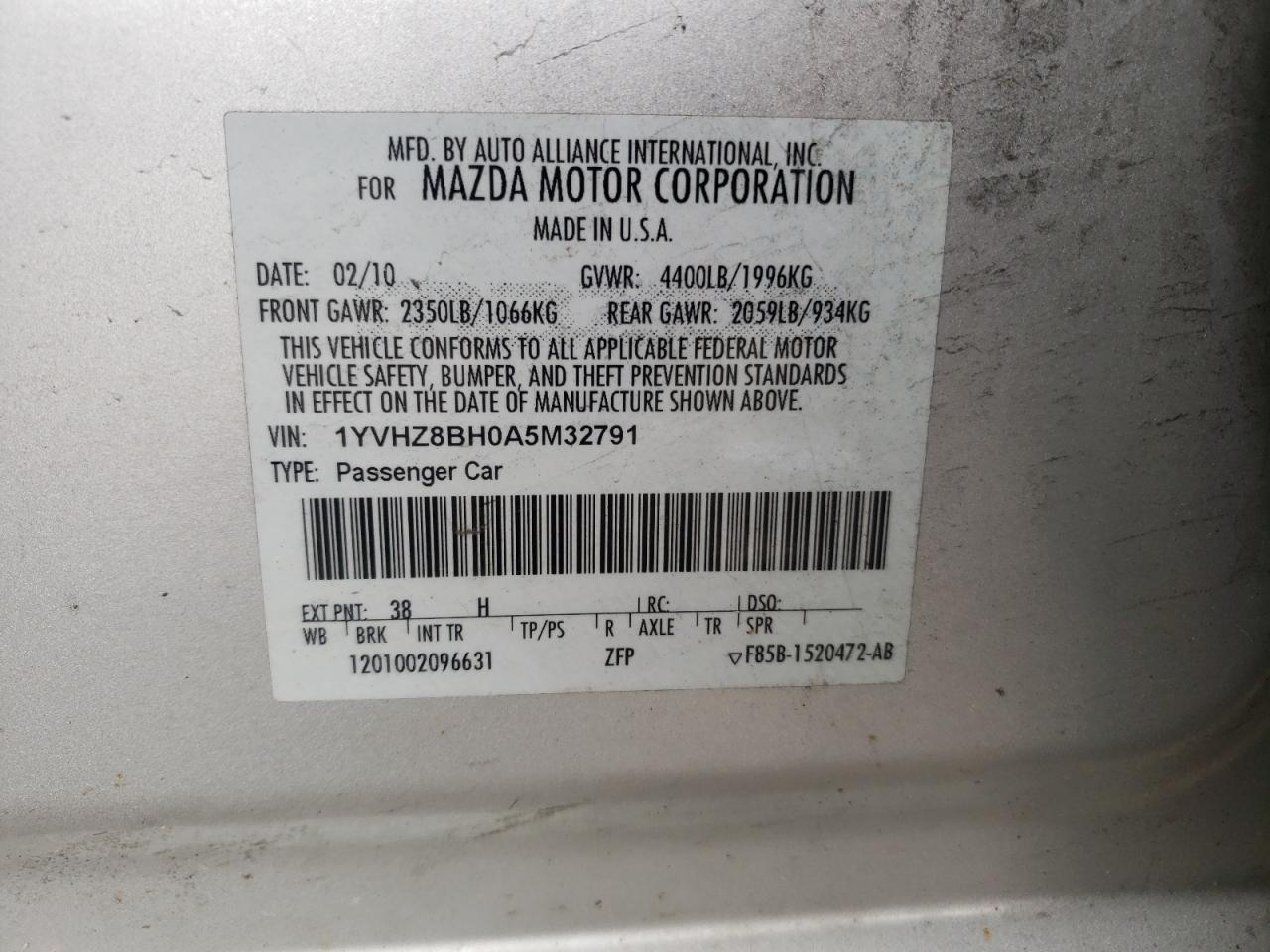 Photo 10 from auction – 2010 MAZDA 6 I with VIN 1YVHZ8BH0A5M32791