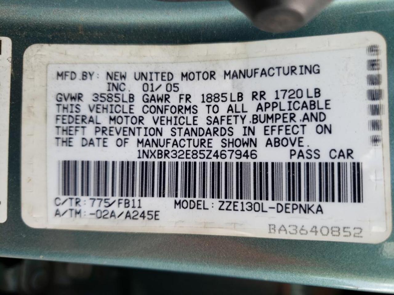 Photo 10 from auction – 2005 TOYOTA COROLLA CE with VIN 1NXBR32E85Z467946