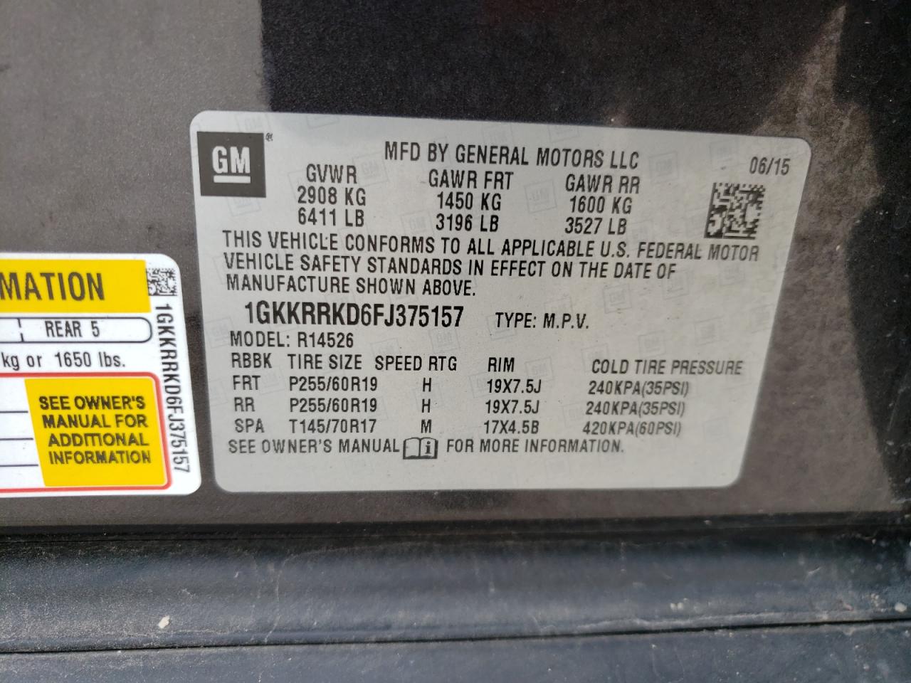Photo 10 from auction – 2015 GMC ACADIA SLT with VIN 1GKKRRKD6FJ375157