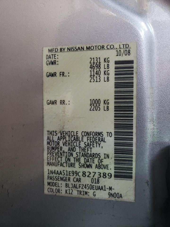 Photo 10 from auction – 2009 NISSAN MAXIMA S with VIN 1N4AA51E99C827389