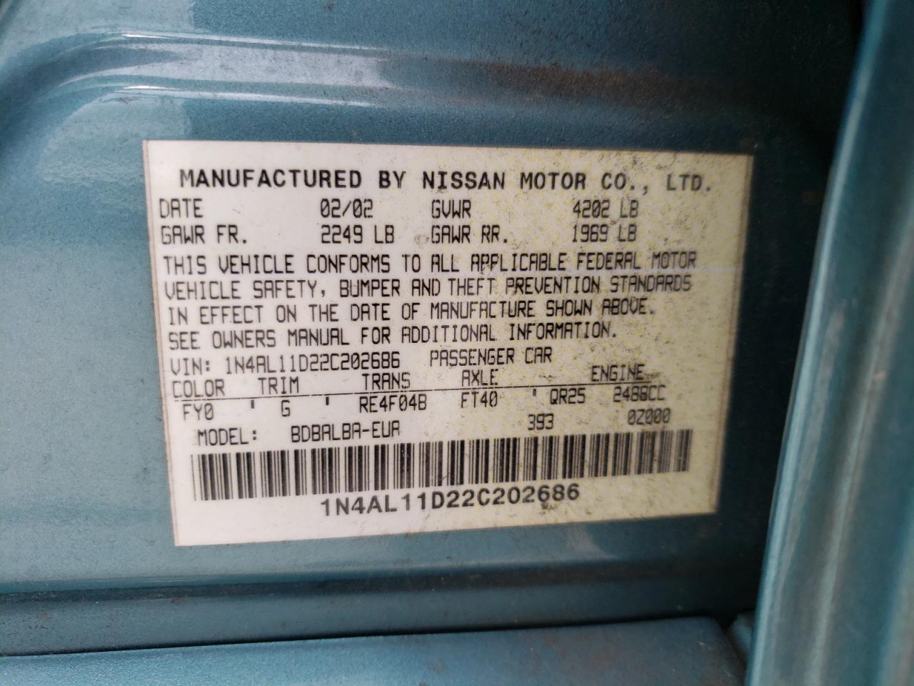 Photo 10 from auction – 2002 NISSAN ALTIMA with VIN 1N4AL11D22C202686