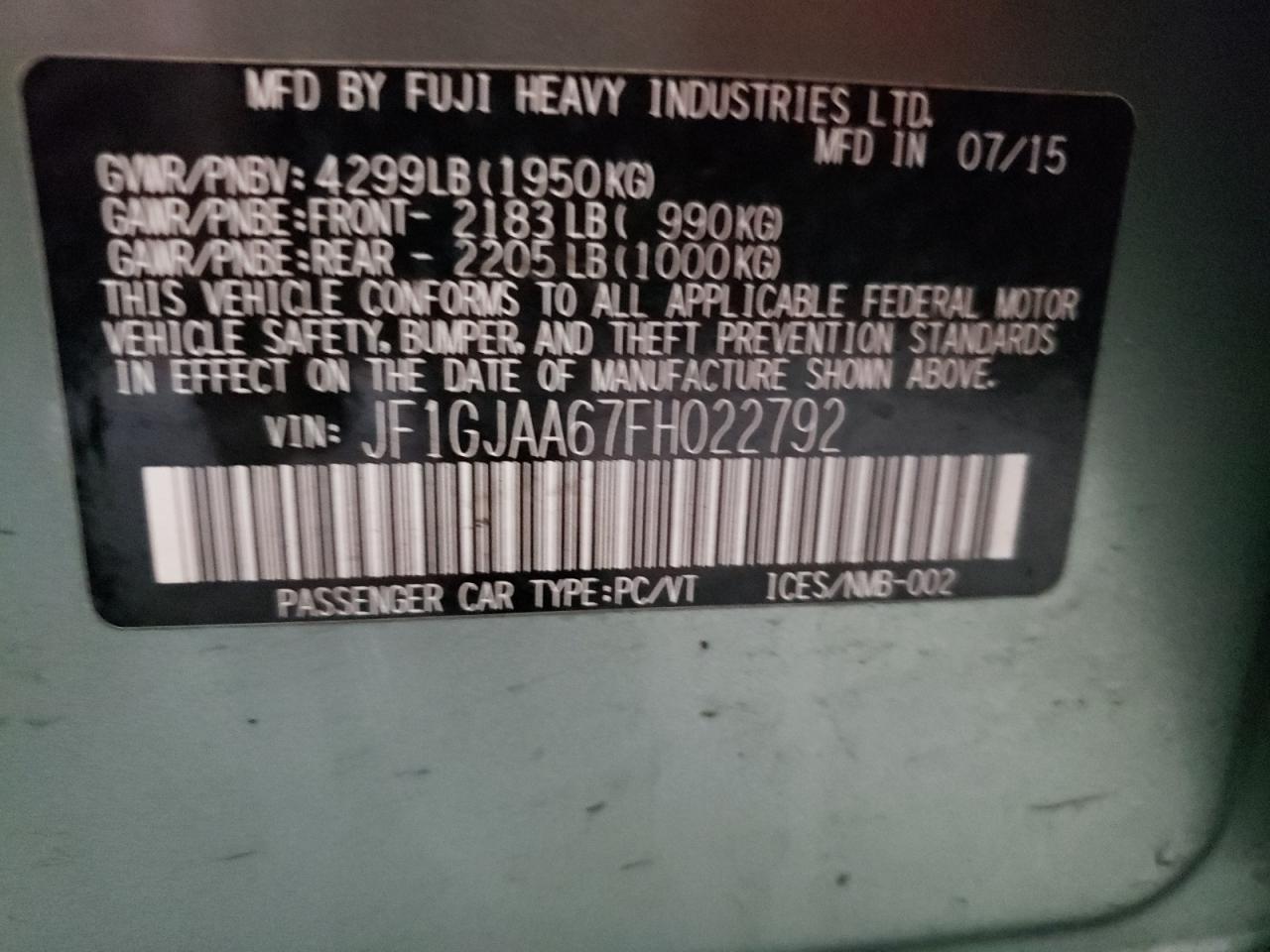 Photo 10 from auction – 2015 SUBARU IMPREZA with VIN JF1GJAA67FH022792
