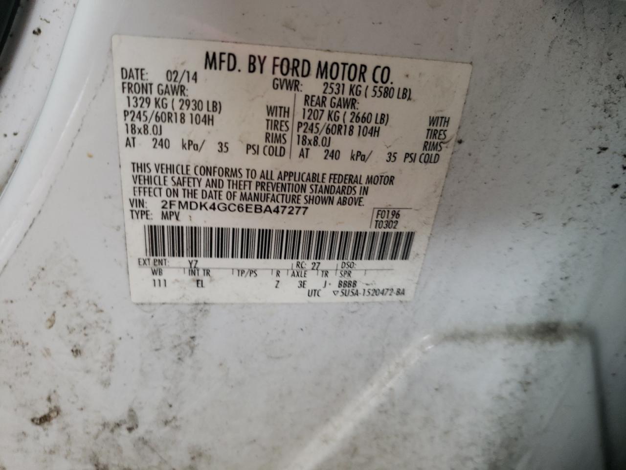 Photo 10 from auction – 2014 FORD EDGE SE with VIN 2FMDK4GC6EBA47277