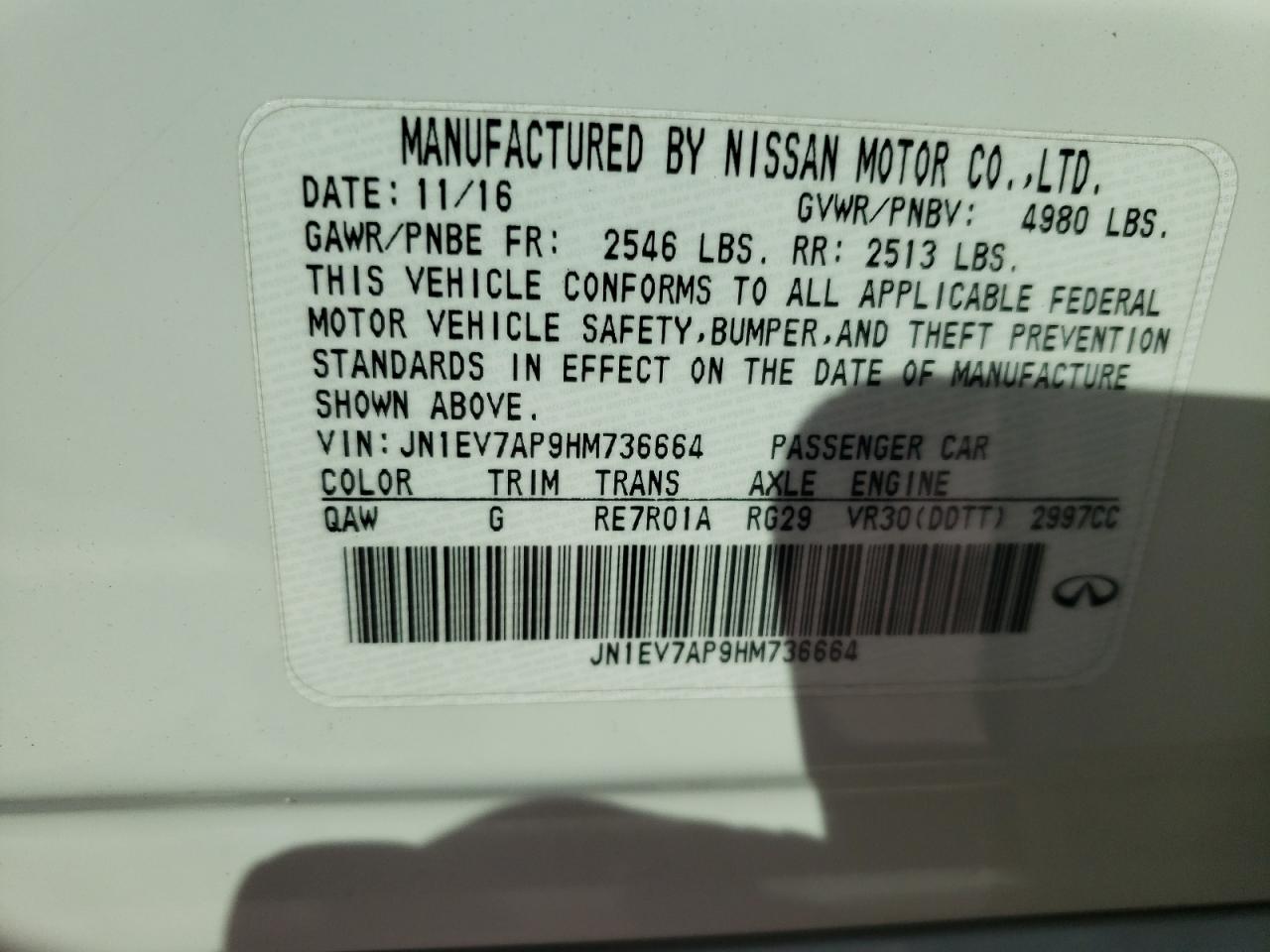 Photo 10 from auction – 2017 INFINITI Q50 PREMIU with VIN JN1EV7AP9HM736664