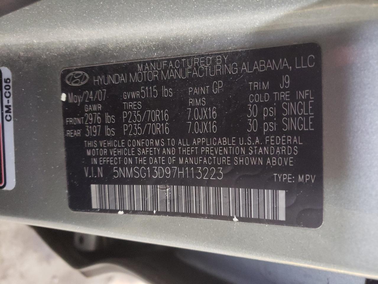 Photo 10 from auction – 2007 HYUNDAI SANTA FE G with VIN 5NMSG13D97H113223