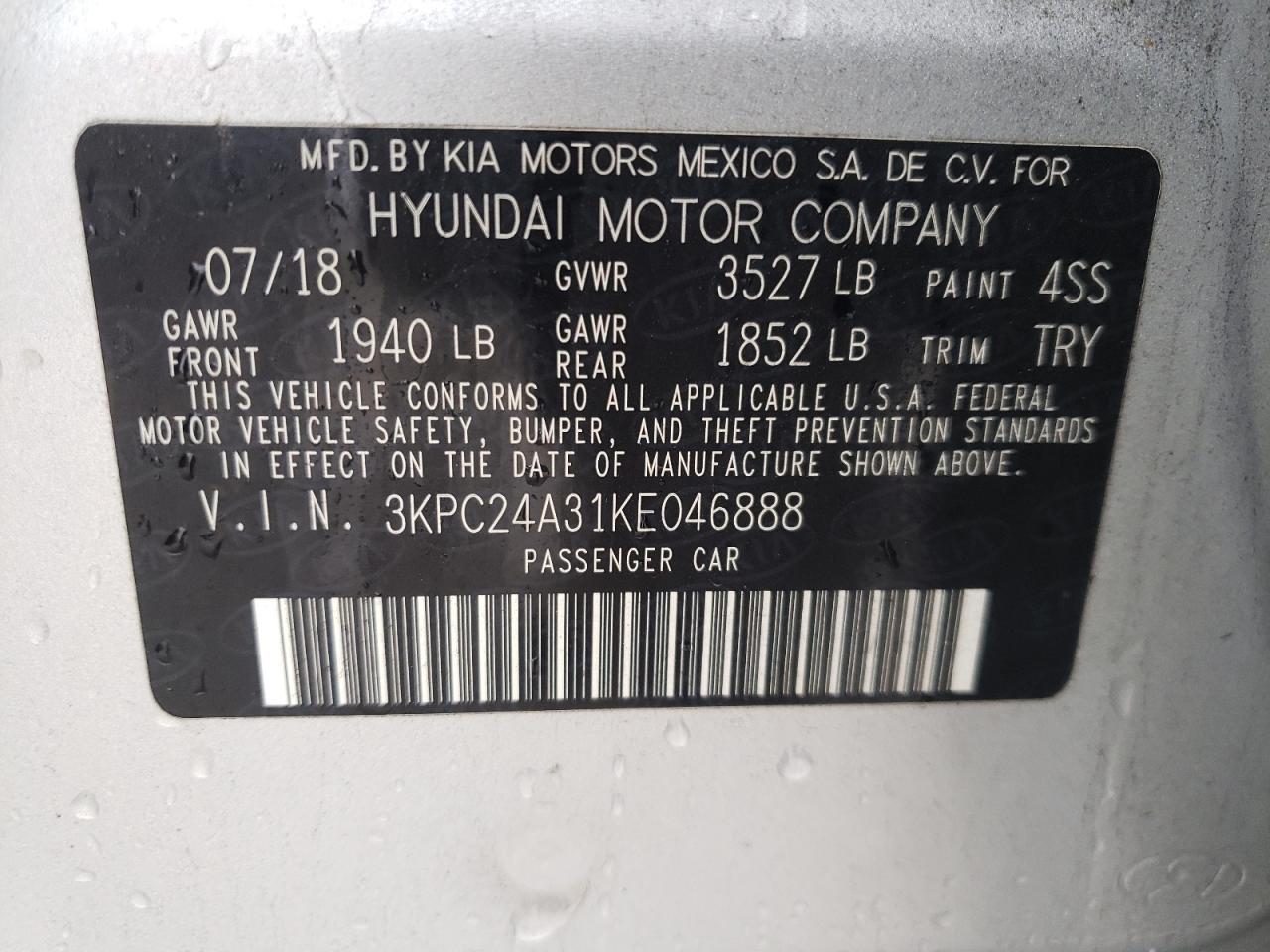 Photo 10 from auction – 2019 HYUNDAI ACCENT SE with VIN 3KPC24A31KE046888