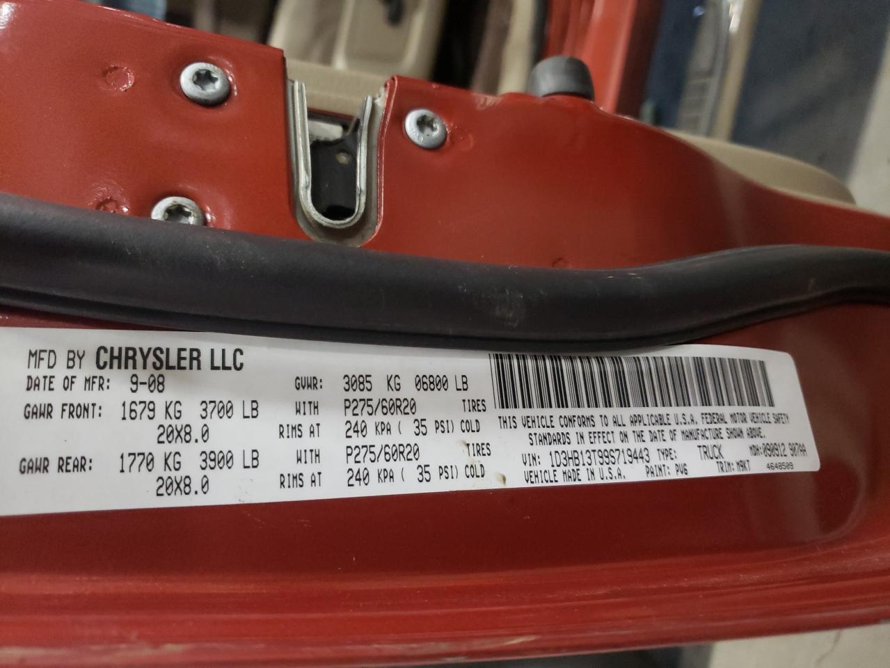 Photo 10 from auction – 2009 DODGE RAM 1500 with VIN 1D3HB13T99S719443