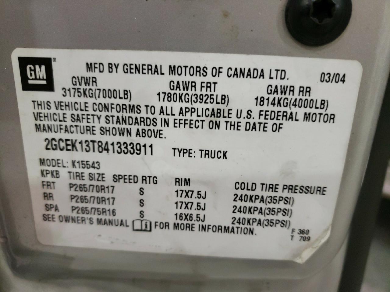 Photo 10 from auction – 2004 CHEVROLET SILVERADO with VIN 2GCEK13T841333911