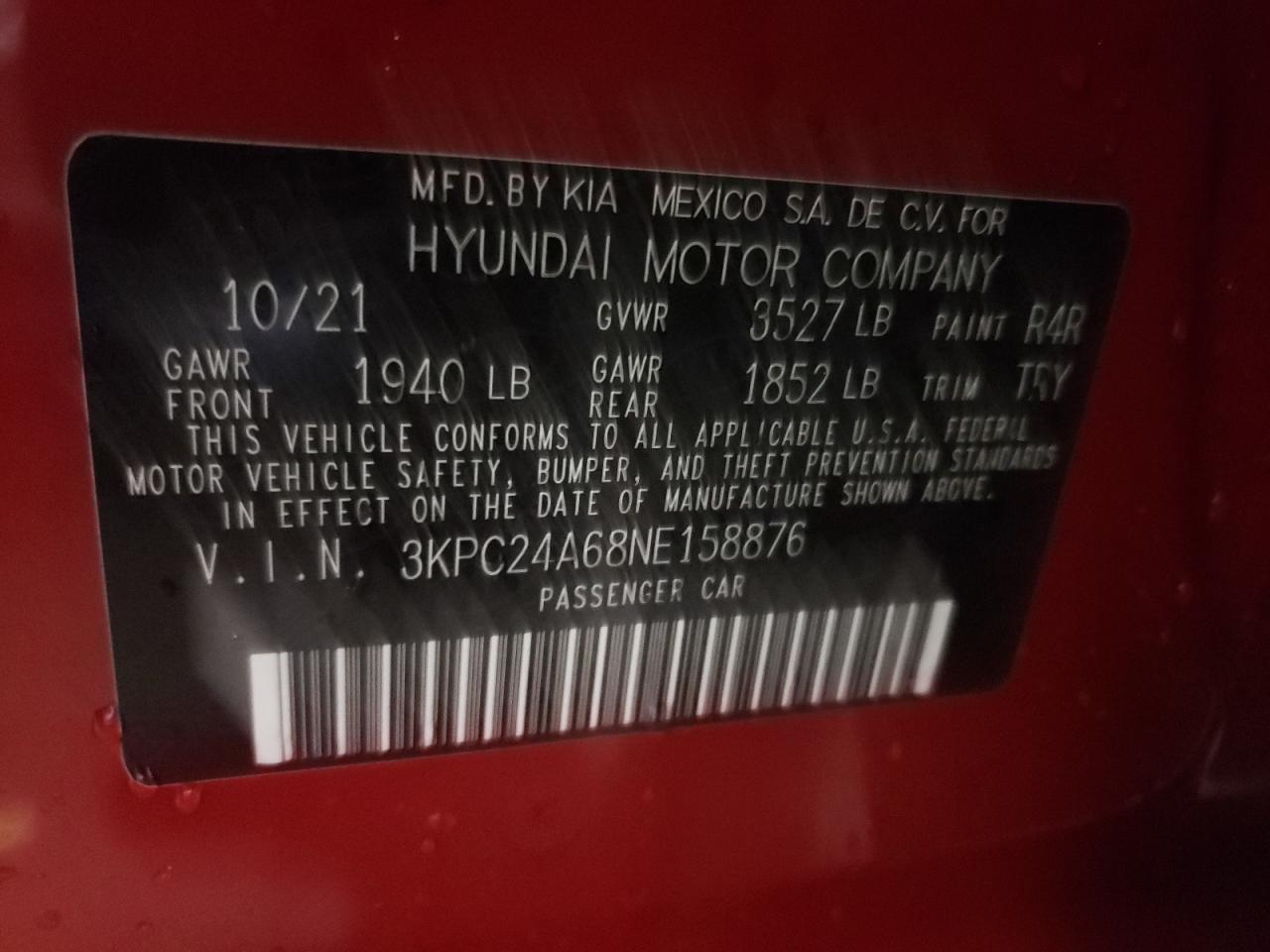 Photo 10 from auction – 2022 HYUNDAI ACCENT SE with VIN 3KPC24A68NE158876