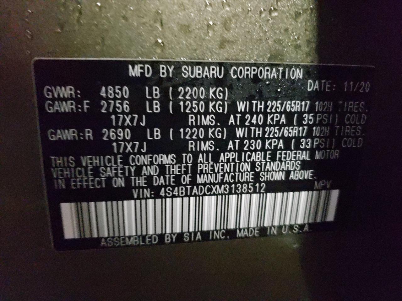 Photo 10 from auction – 2021 SUBARU OUTBACK PR with VIN 4S4BTADCXM3138512