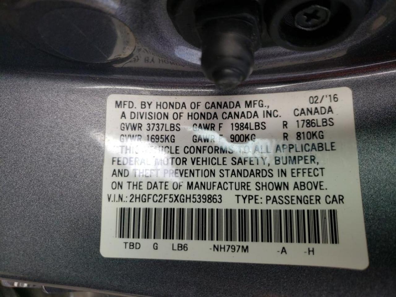Photo 10 from auction – 2016 HONDA CIVIC LX with VIN 2HGFC2F5XGH539863