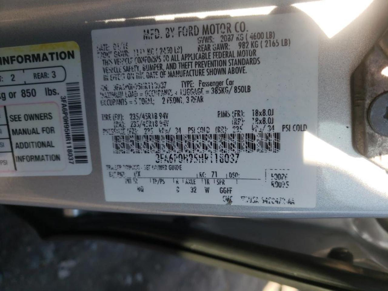 Photo 10 from auction – 2017 FORD FUSION SE with VIN 3FA6P0H95HR118037