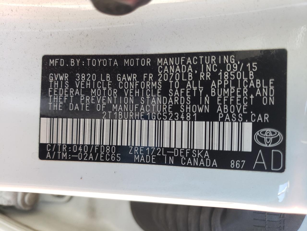 Photo 10 from auction – 2016 TOYOTA COROLLA L with VIN 2T1BURHE1GC523481
