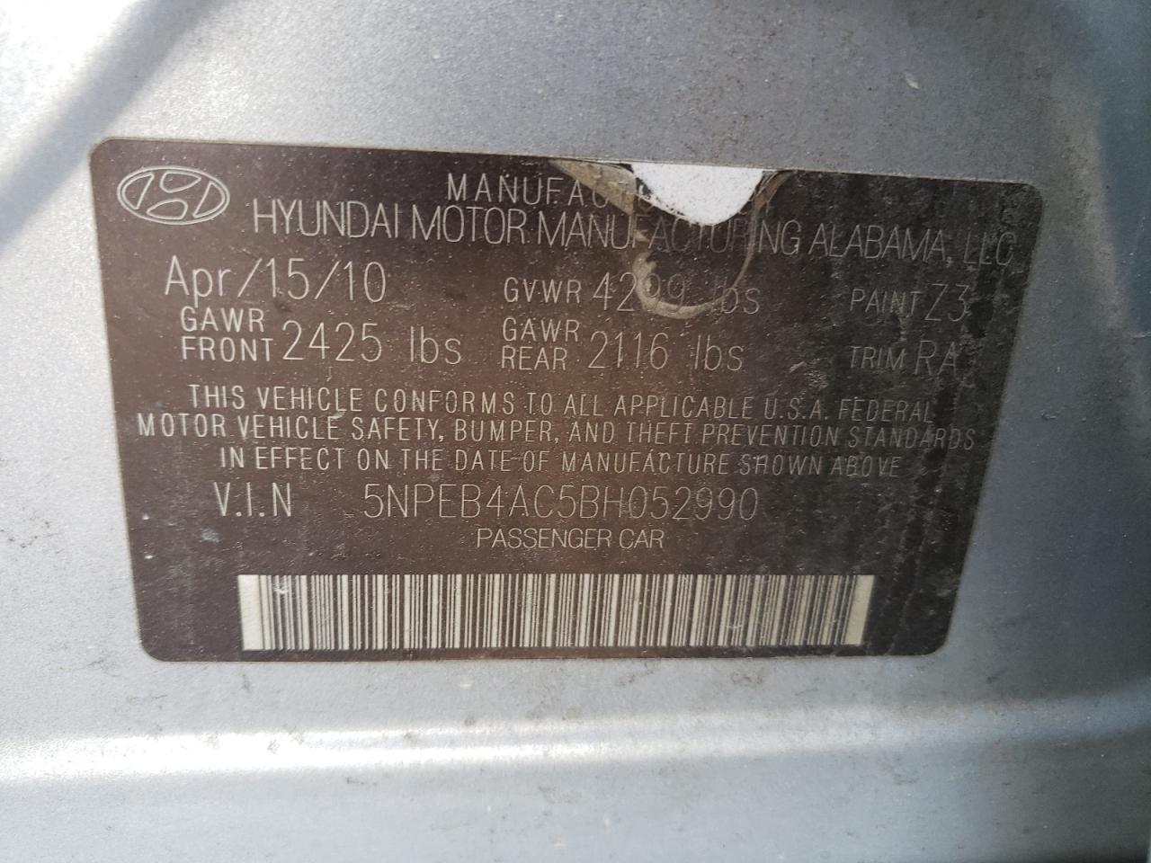 Photo 10 from auction – 2011 HYUNDAI SONATA GLS with VIN 5NPEB4AC5BH052990