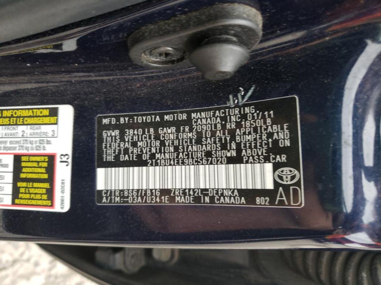 Photo 10 from auction – 2011 TOYOTA COROLLA with VIN 2T1BU4EE9BC567020