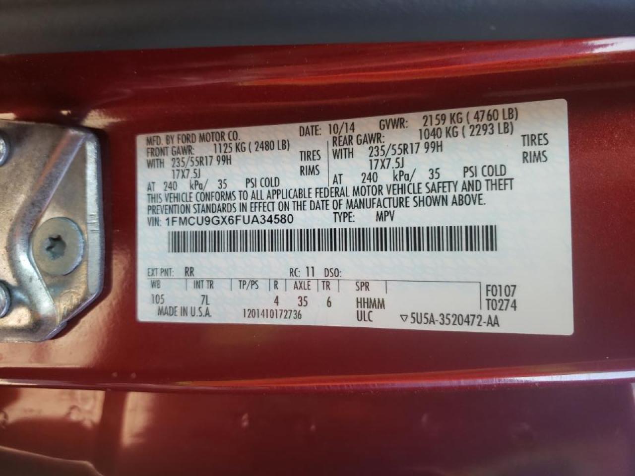 Photo 10 from auction – 2015 FORD ESCAPE SE with VIN 1FMCU9GX6FUA34580