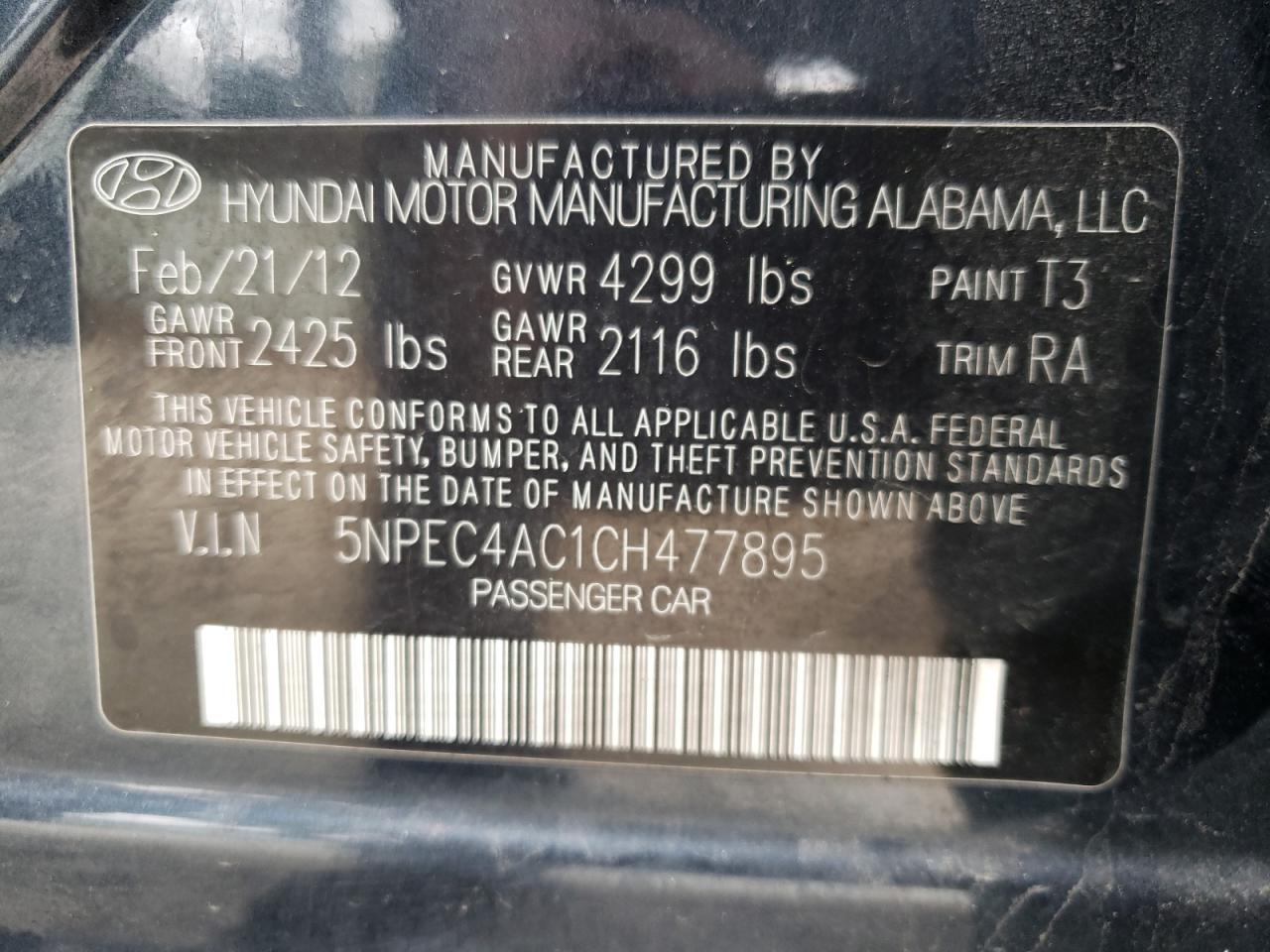 Фото 10 с аукциона – 2012 HYUNDAI SONATA SE с VIN 5NPEC4AC1CH477895