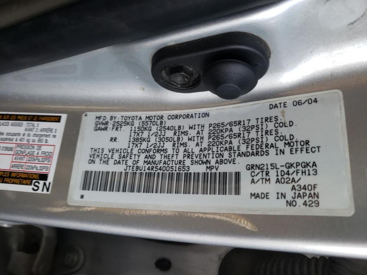 Photo 10 from auction – 2004 TOYOTA 4RUNNER SR with VIN JTEBU14R540051653