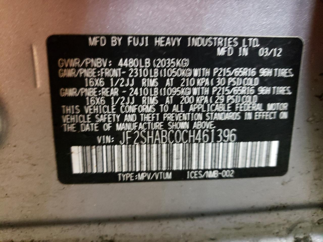 Photo 10 from auction – 2012 SUBARU FORESTER 2 with VIN JF2SHABC0CH461396