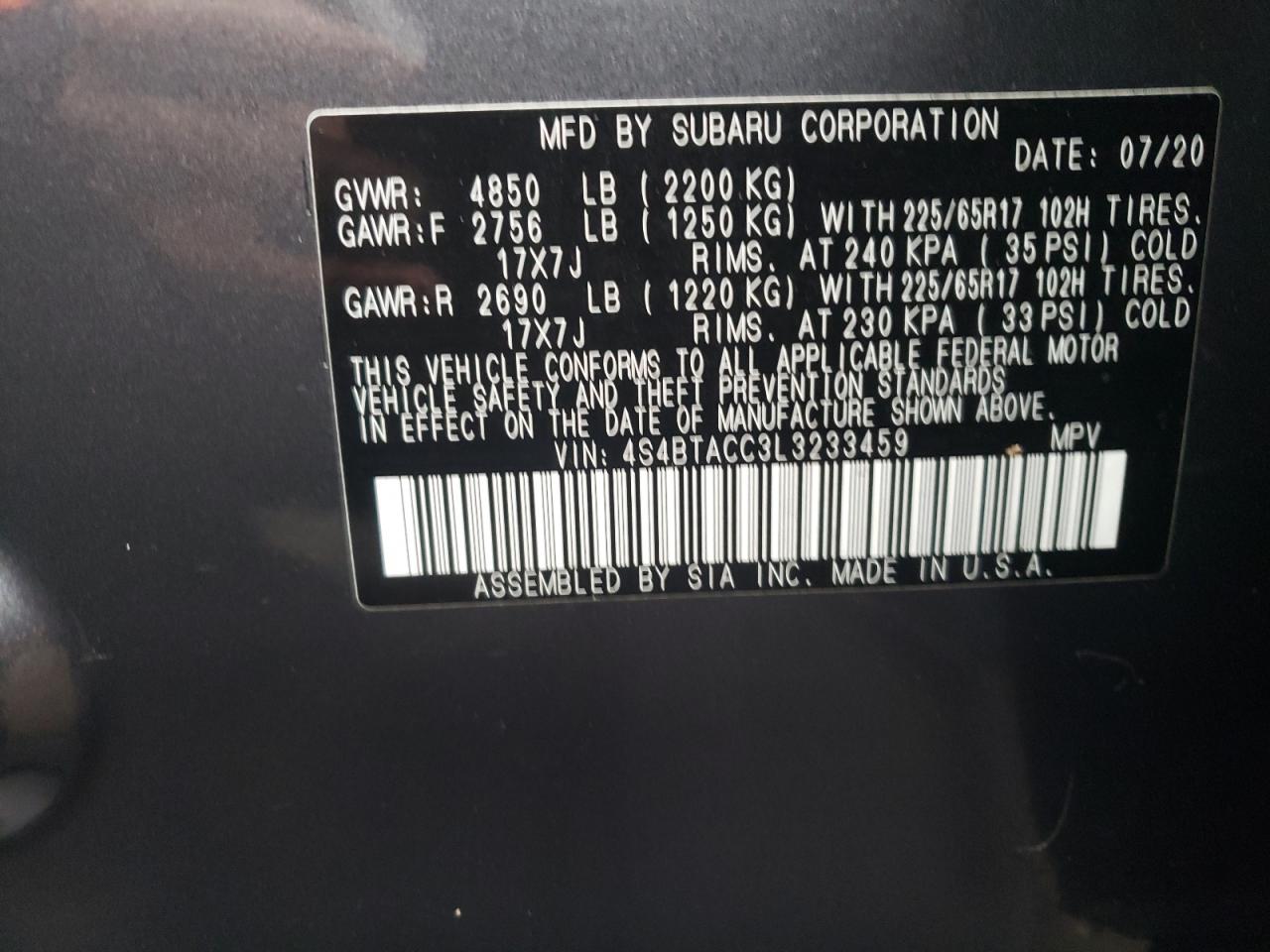 Photo 10 from auction – 2020 SUBARU OUTBACK PR with VIN 4S4BTACC3L3233459