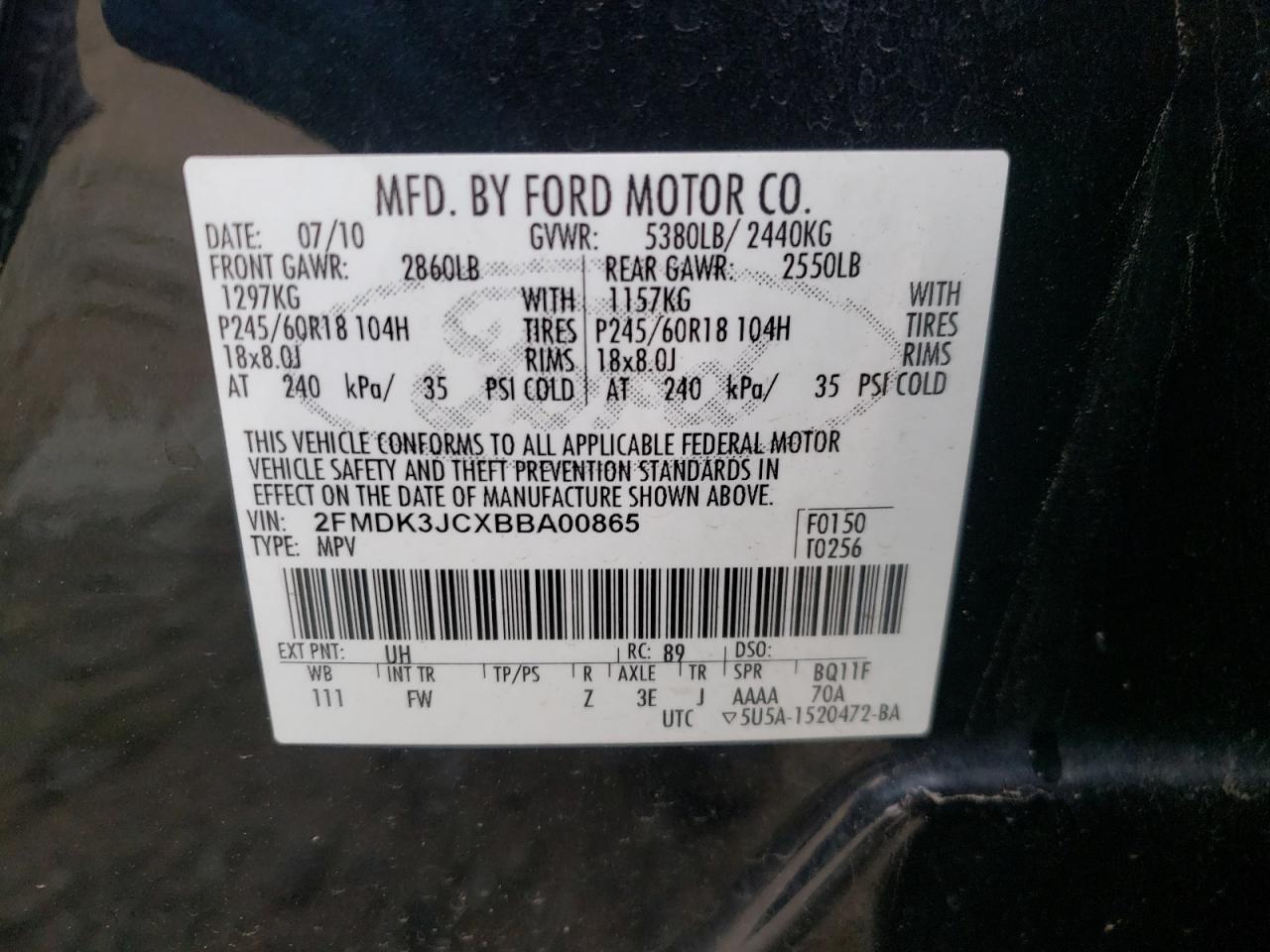 Photo 10 from auction – 2011 FORD EDGE SEL with VIN 2FMDK3JCXBBA00865