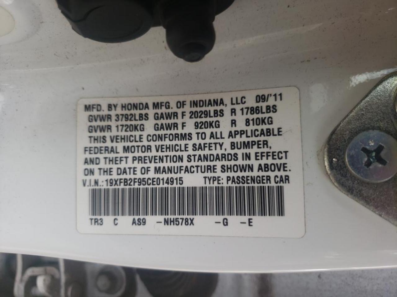 Photo 10 from auction – 2012 HONDA CIVIC EXL with VIN 19XFB2F95CE014915