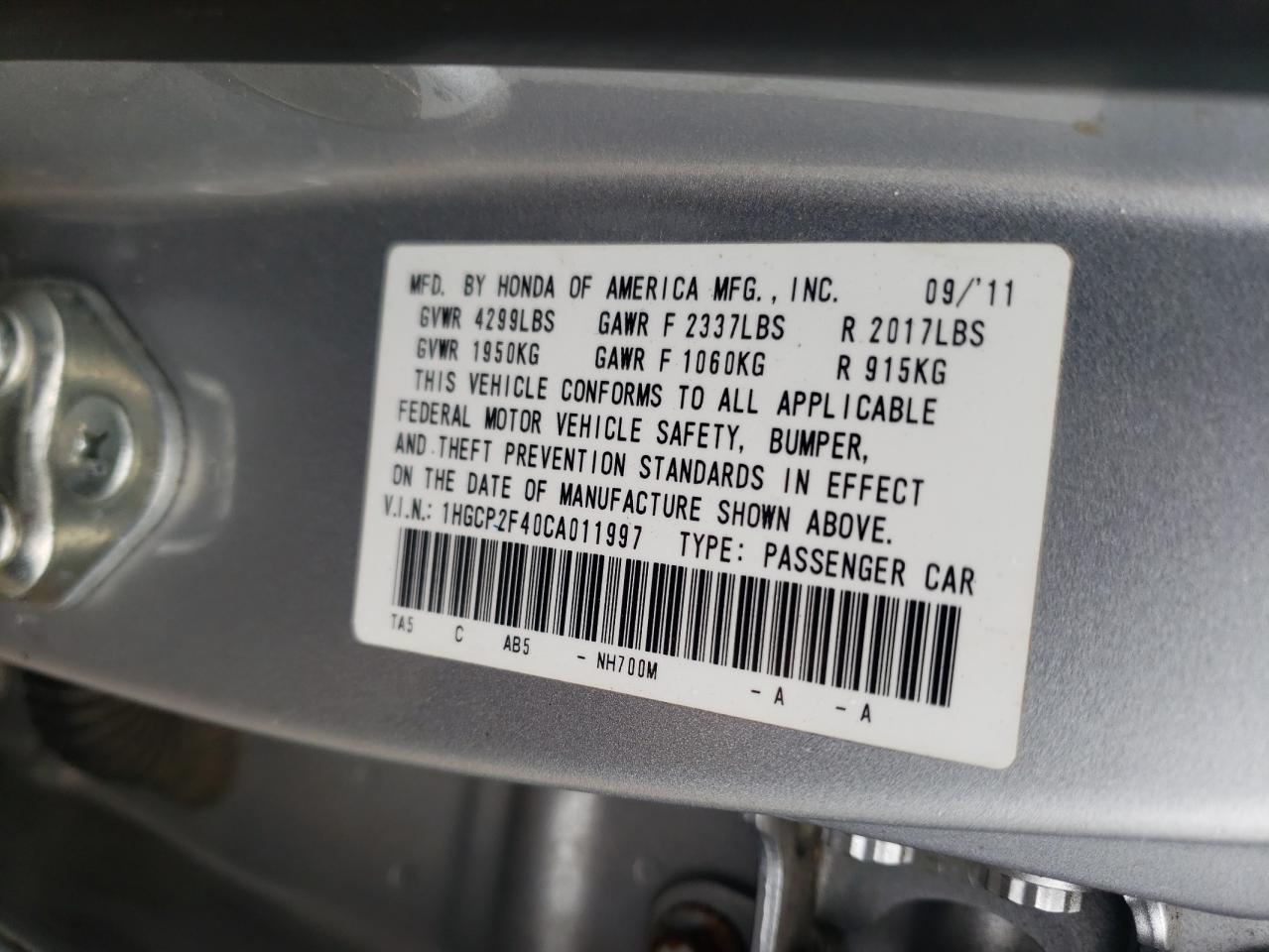 Photo 10 from auction – 2012 HONDA ACCORD LXP with VIN 1HGCP2F40CA011997