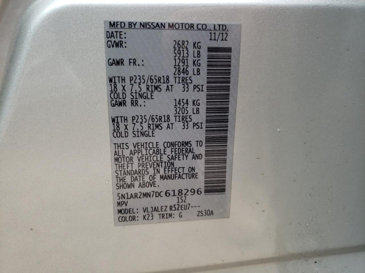 Foto 10 de la subasta – 2013 NISSAN PATHFINDER con VIN 5N1AR2MN7DC618296
