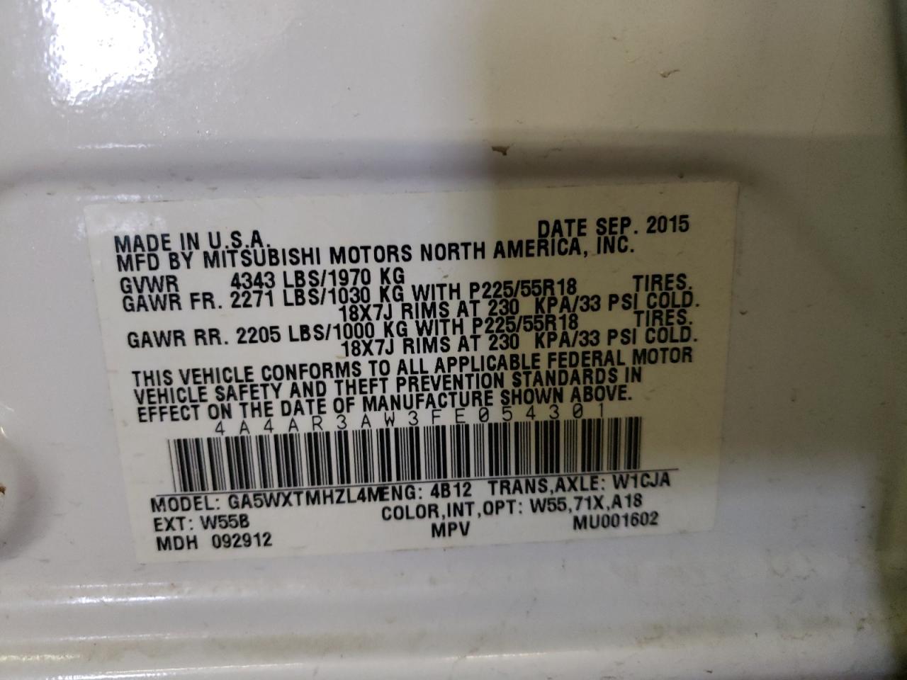Photo 10 from auction – 2015 MITSUBISHI OUTLANDER with VIN 4A4AR3AW3FE054301