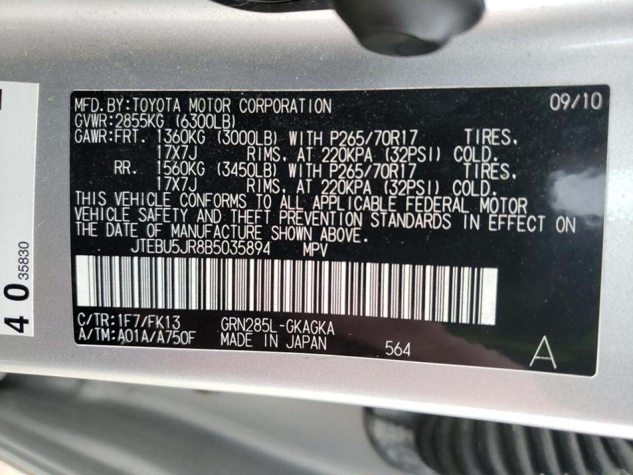 Photo 10 from auction – 2011 TOYOTA 4RUNNER SR with VIN JTEBU5JR8B5035894