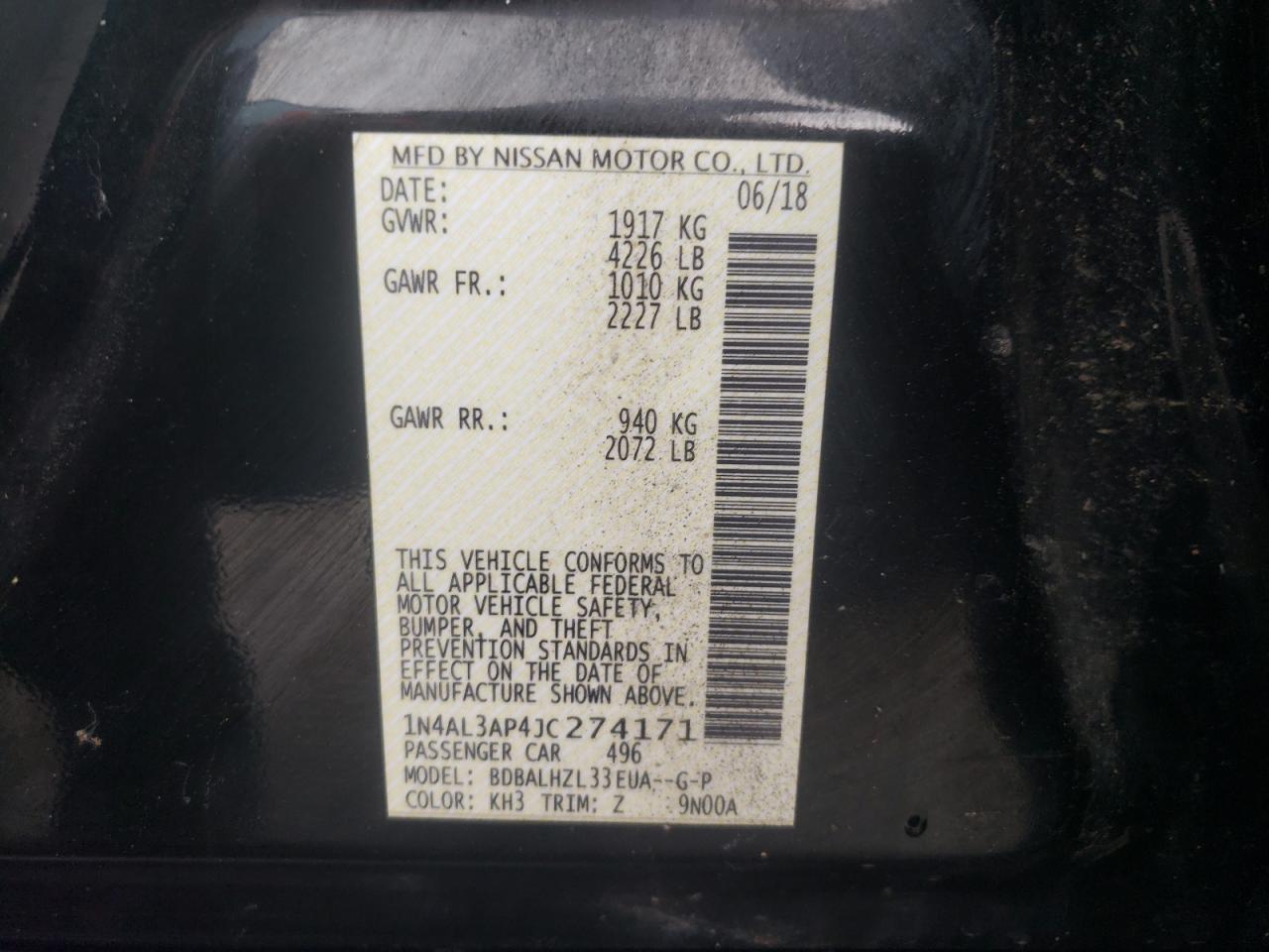 Photo 10 from auction – 2018 NISSAN ALTIMA 2.5 with VIN 1N4AL3AP4JC274171