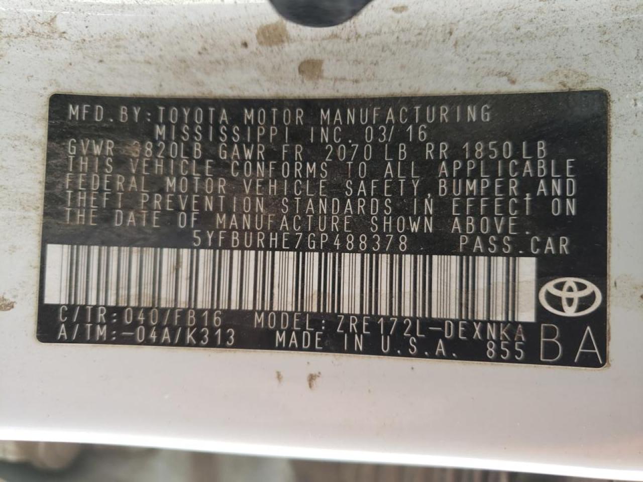 Photo 10 from auction – 2016 TOYOTA COROLLA L with VIN 5YFBURHE7GP488378