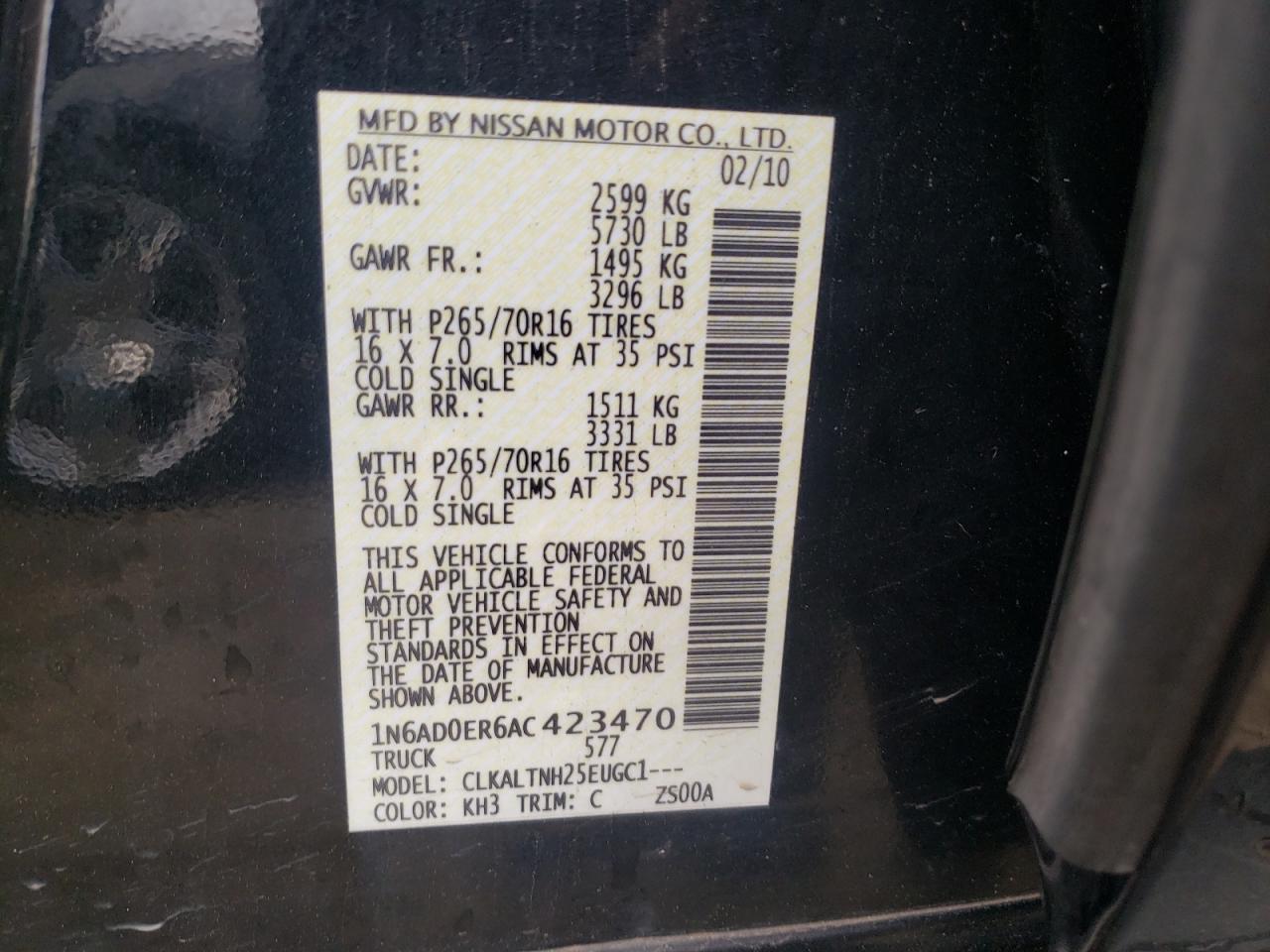 Photo 10 from auction – 2010 NISSAN FRONTIER C with VIN 1N6AD0ER6AC423470