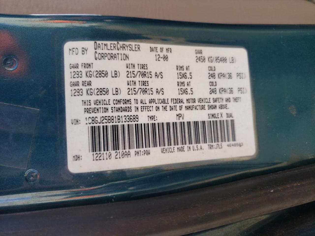 Photo 10 from auction – 2001 CHRYSLER VOYAGER with VIN 1C8GJ25B81B133689