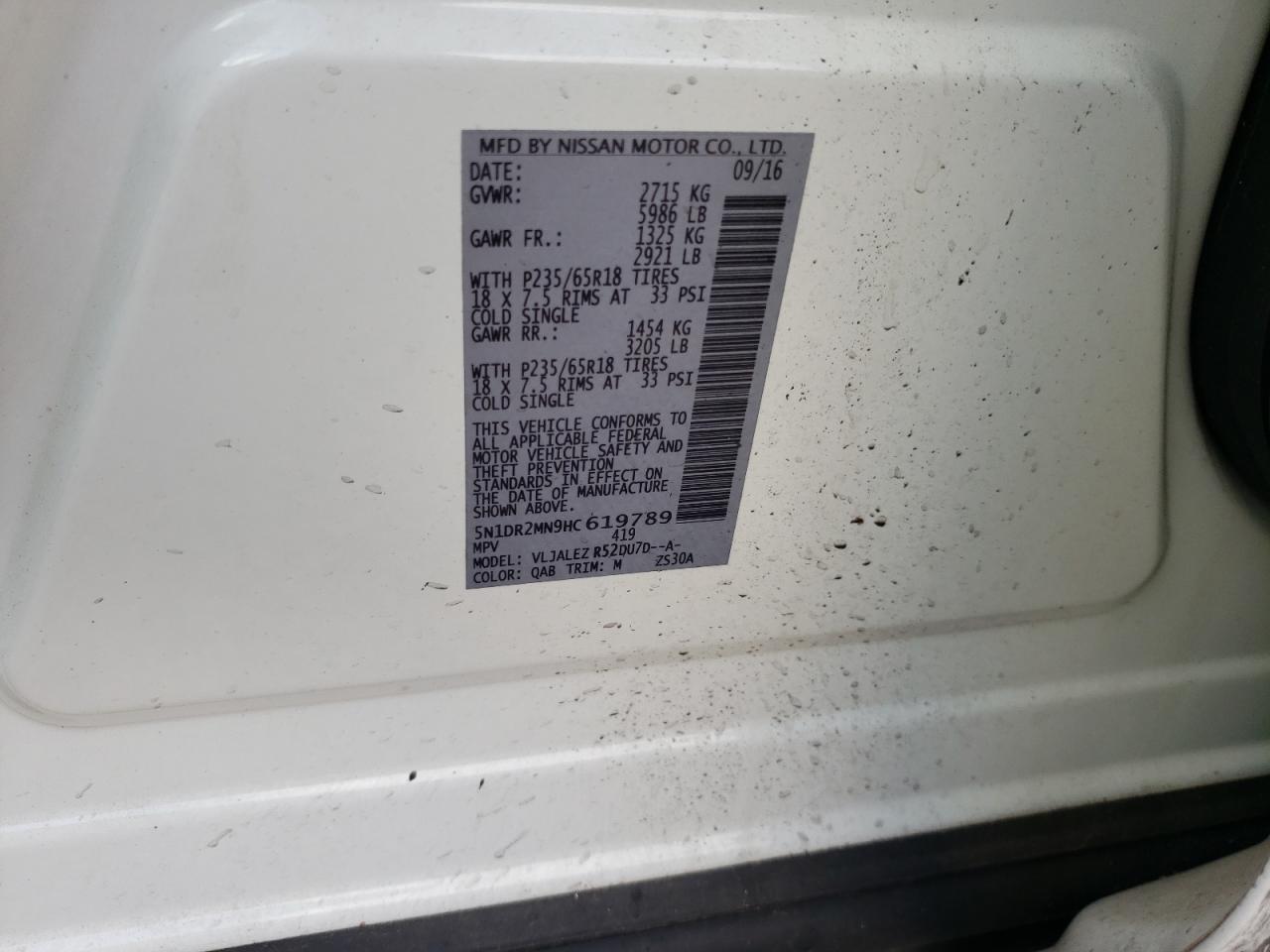 Photo 10 from auction – 2017 NISSAN PATHFINDER with VIN 5N1DR2MN9HC619789