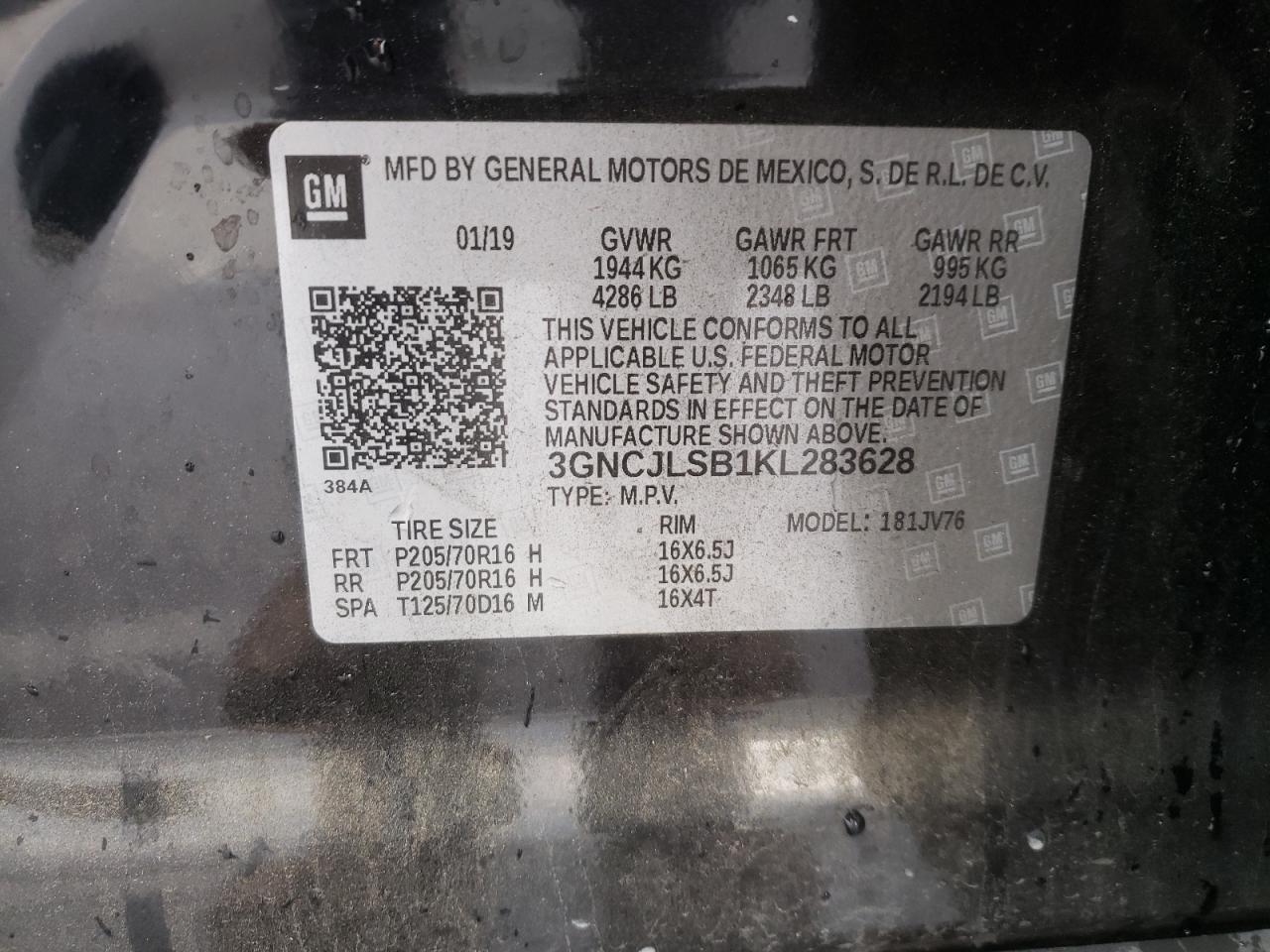 Photo 10 from auction – 2019 CHEVROLET TRAX 1LT with VIN 3GNCJLSB1KL283628