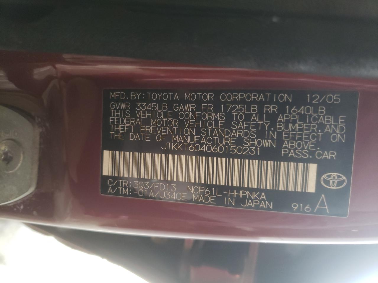 Photo 10 from auction – 2006 TOYOTA SCION XA with VIN JTKKT604060150231