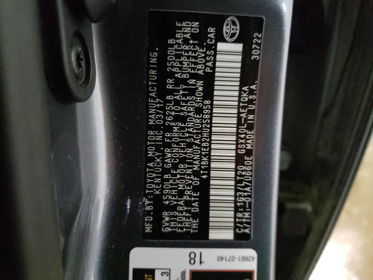 Photo 10 from auction – 2017 TOYOTA AVALON XLE with VIN 4T1BK1EB2HU258958