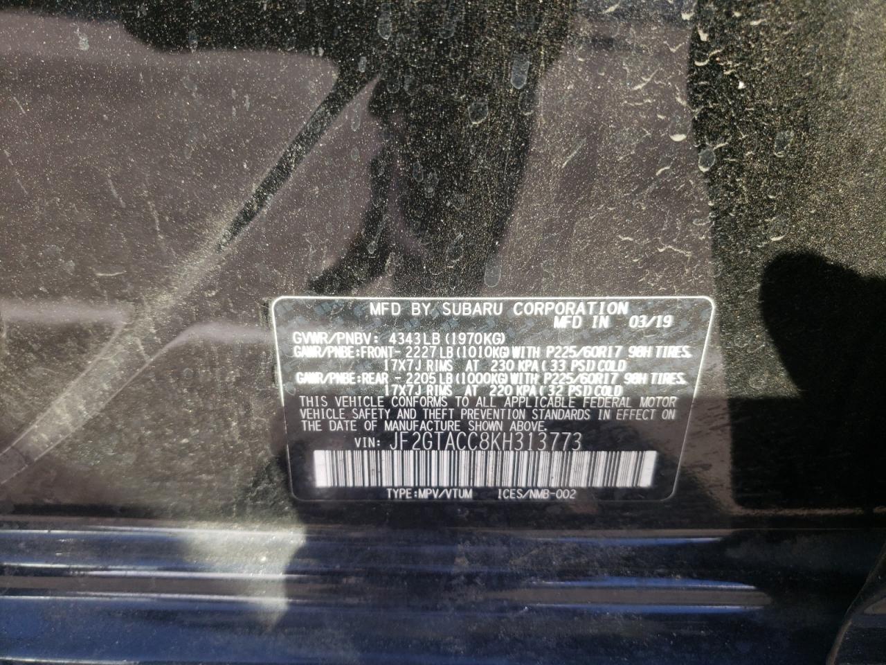 Photo 10 from auction – 2019 SUBARU CROSSTREK with VIN JF2GTACC8KH313773