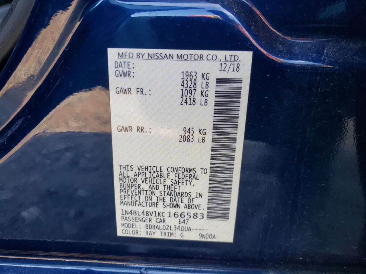 Photo 10 from auction – 2019 NISSAN ALTIMA S with VIN 1N4BL4BV1KC166583