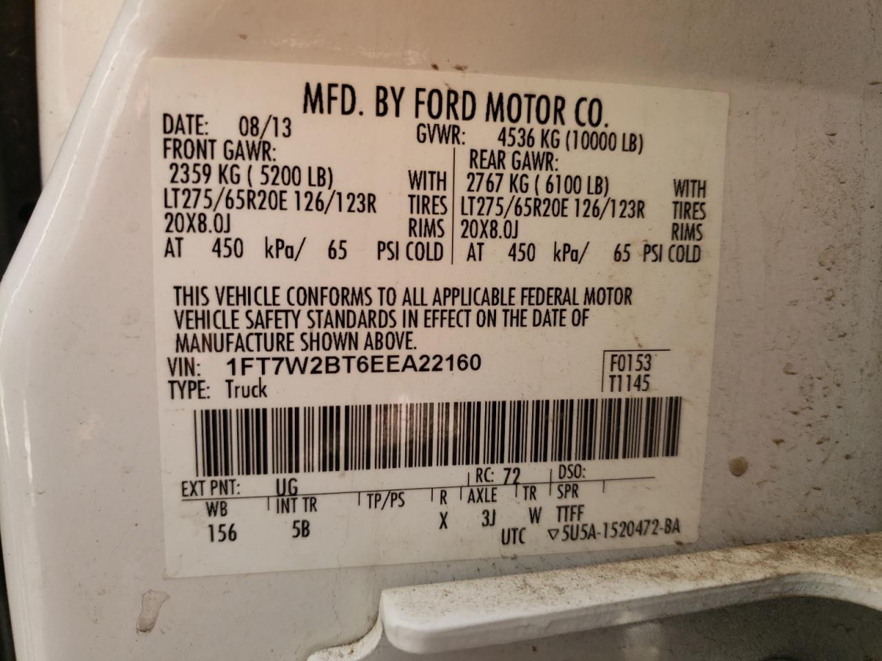 Photo 10 from auction – 2014 FORD F250 SUPER with VIN 1FT7W2BT6EEA22160