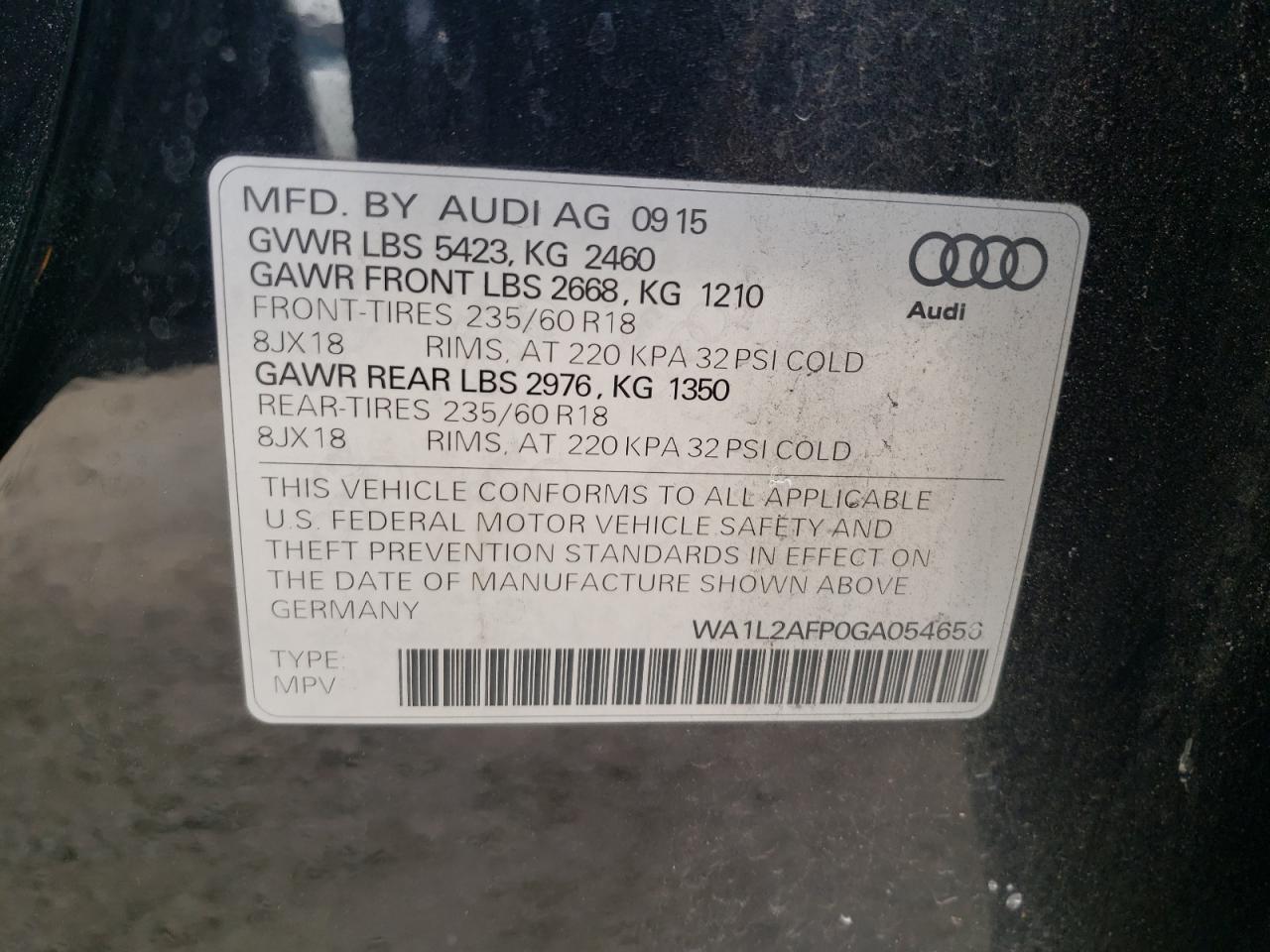 Photo 10 from auction – 2016 AUDI Q5 PREMIUM with VIN WA1L2AFP0GA054656