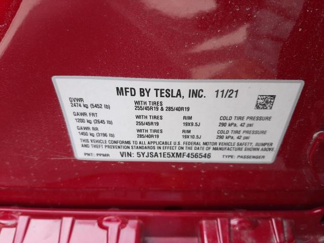 Photo 10 from auction – 2021 TESLA MODEL S with VIN 5YJSA1E5XMF456546