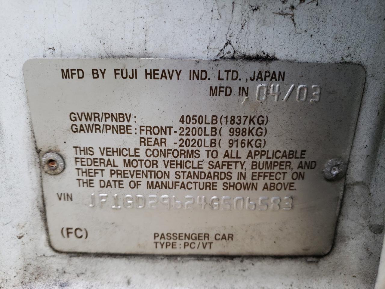 Photo 10 from auction – 2004 SUBARU IMPREZA WR with VIN JF1GD29624G506583