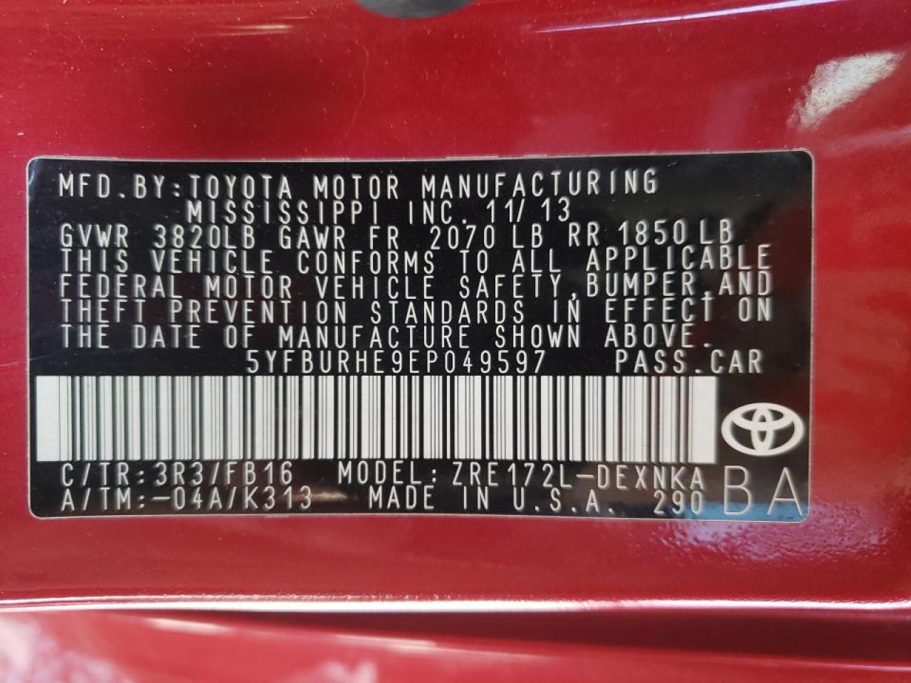 Photo 10 from auction – 2014 TOYOTA COROLLA L with VIN 5YFBURHE9EP049597