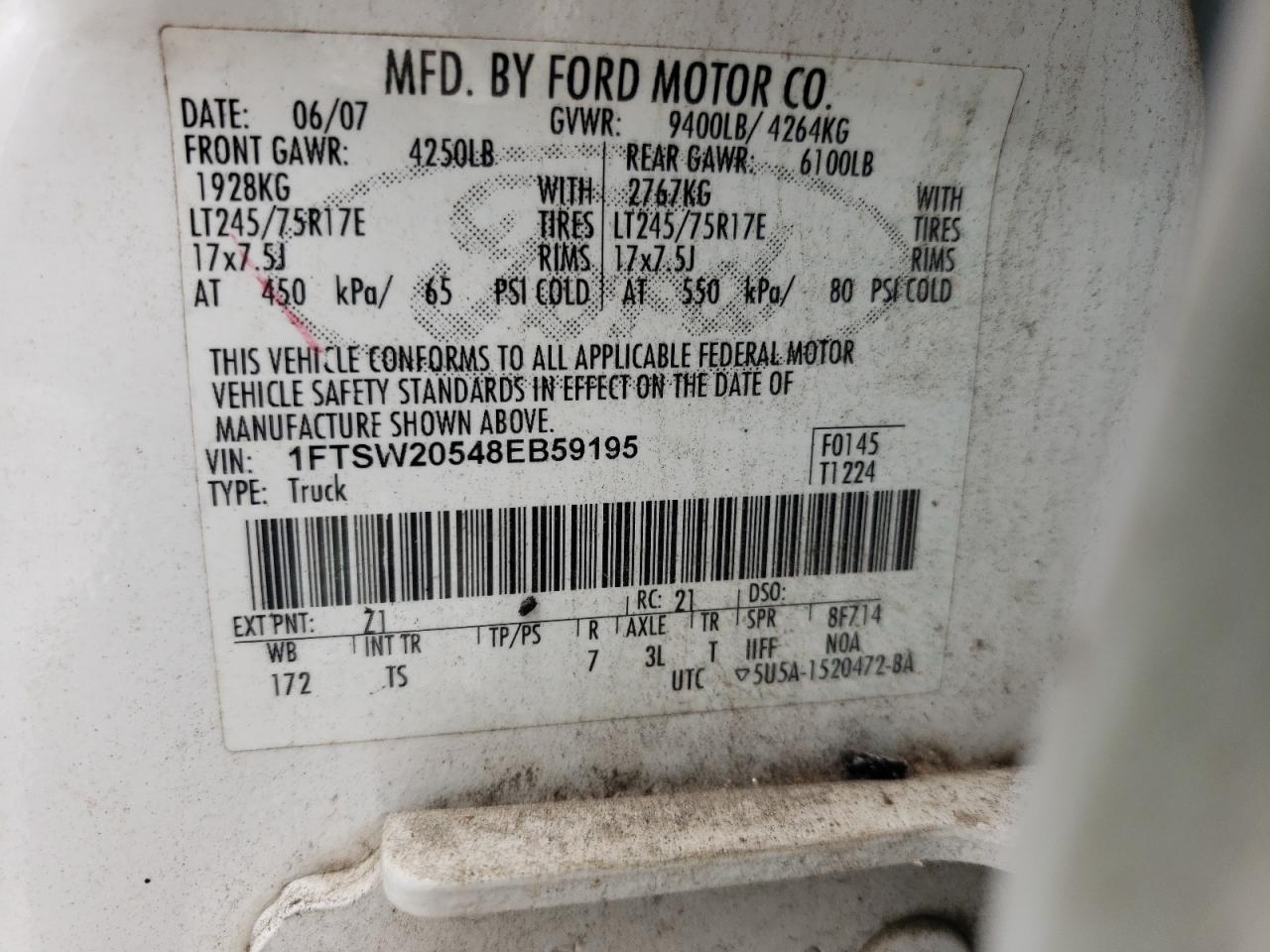 Photo 10 from auction – 2008 FORD F250 SUPER with VIN 1FTSW20548EB59195