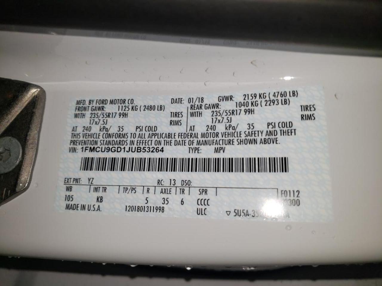 Photo 10 from auction – 2018 FORD ESCAPE SE with VIN 1FMCU9GD1JUB53264