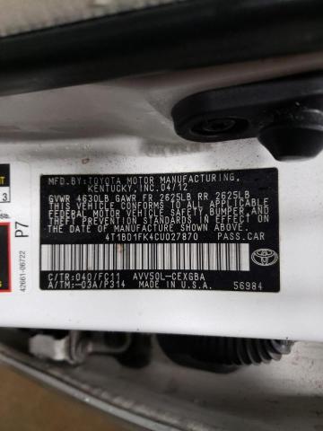 Photo 10 from auction – 2012 TOYOTA CAMRY HYBR with VIN 4T1BD1FK4CU027870