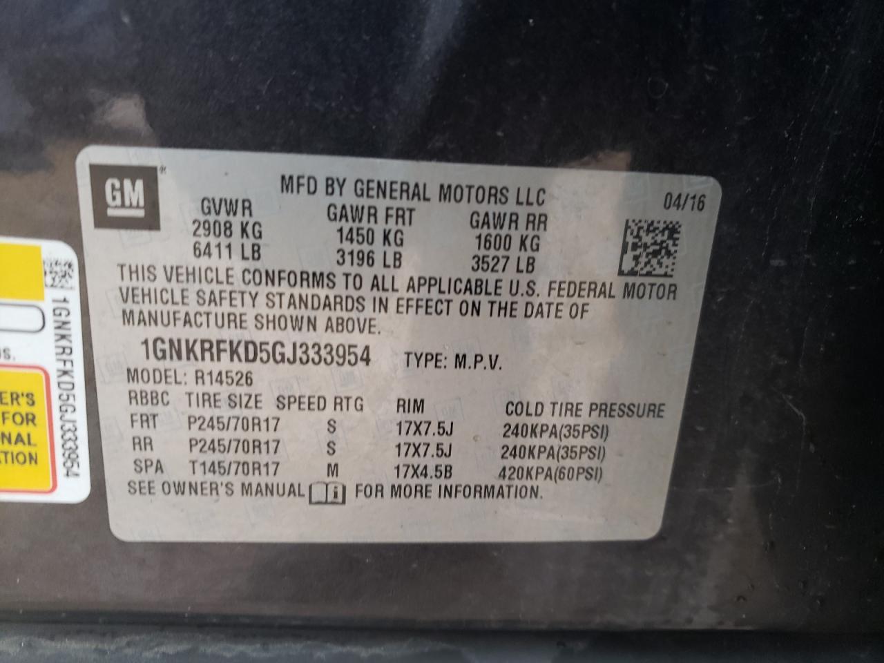 Photo 10 from auction – 2016 CHEVROLET TRAVERSE L with VIN 1GNKRFKD5GJ333954