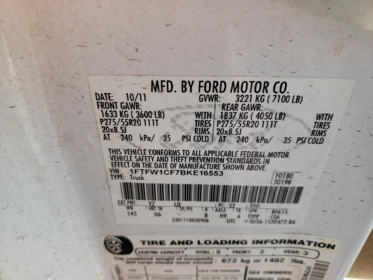 Photo 10 from auction – 2011 FORD F150 SUPER with VIN 1FTFW1CF7BKE16553